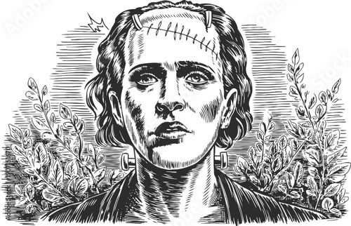 Vintage frankenstein monster illustration with bolts and stitched forehead in black and white