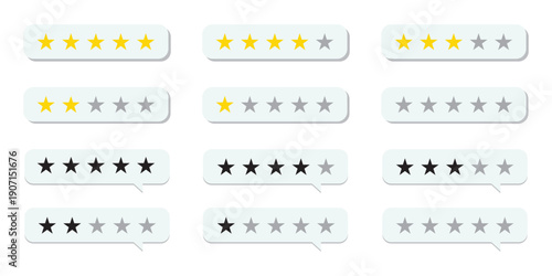 Customer product review icon. Rating stars badges. Feedback or review. Five stars icon. 5 star rating icon. Set of rating stars in different styles.