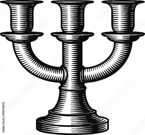 Vintage three arm candelabrum with intricate line engraving and classic design
