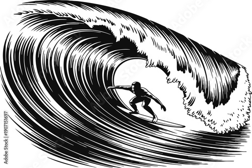 Surfer riding large curling wave ocean water sports extreme lifestyle silhouette illustration