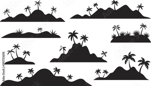 Collection of black silhouette tropical islands with palm trees and vegetation on white background