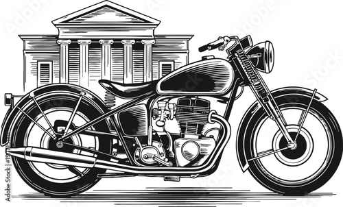Vintage classic motorcycle illustration with detailed engine and retro design in front of historic building