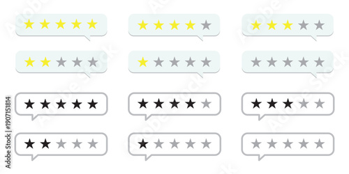 Product rating or customer review with gold stars set collection. Graphic symbol flat design interface illustration elements for app ui ux web banner button vector isolated on white background