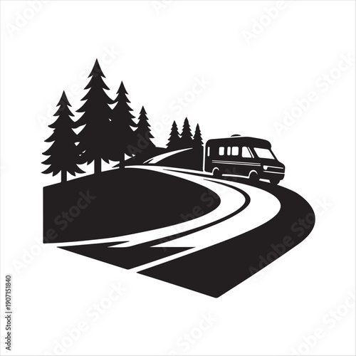 Camper van hidden road abstract silhouette line art logo design concept illustration