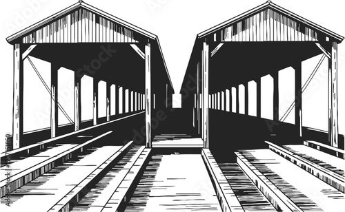 black and white vector illustration of two covered wooden bridges side by side, perspective view
