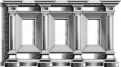 Classical architectural panel with decorative columns and detailed moldings vintage engraving