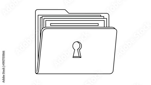 Black outline of a folder containing multiple documents with a keyhole on the front represents data security, confidential files, and information protection.
