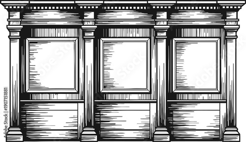 Classic wooden panel wall with decorative pilasters and ornate moldings in vintage