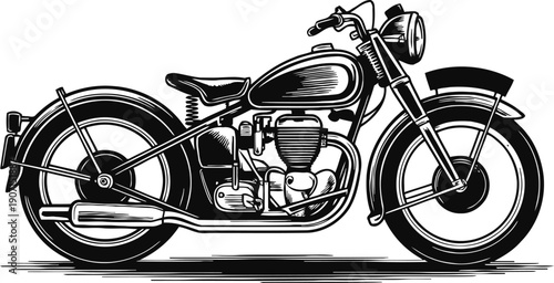 Vintage motorcycle illustration classic retro bike side view drawing with detailed engine and wheels