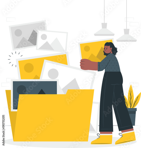 A woman organizing digital files in a modern office environment with a large yellow folder