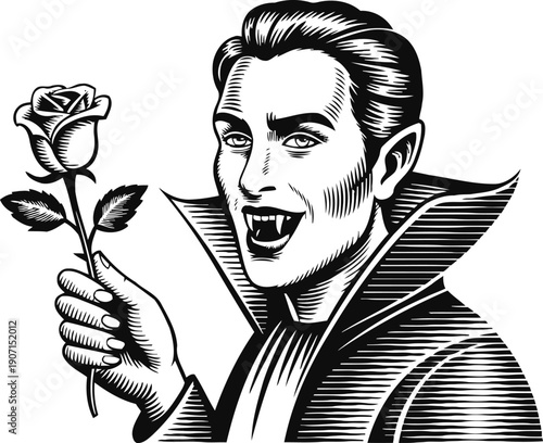 Vampire holding a rose with a sinister smile and classic high collar cape vintage illustration