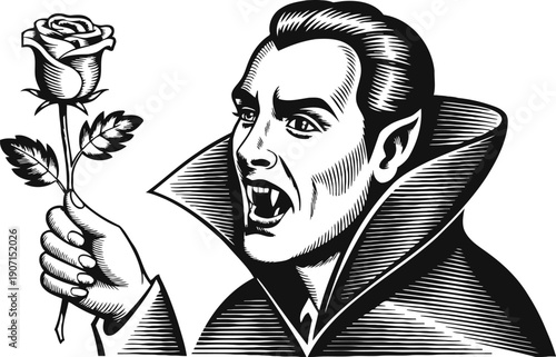 Vampire holding a rose with fangs visible in a gothic illustration