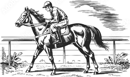 Jockey riding racehorse on racetrack equestrian sport competition, speed, and training concept