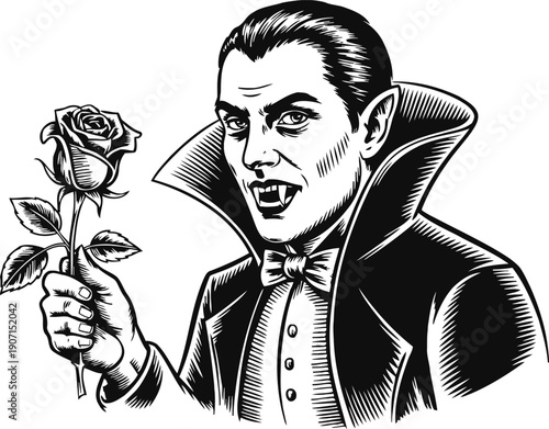 Classic vampire holding a rose with sharp fangs and high collar cape in black and white illustration