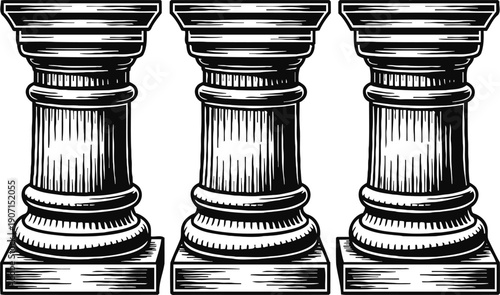 Three classical architectural columns with detailed fluting and ornate bases in black and white illustration