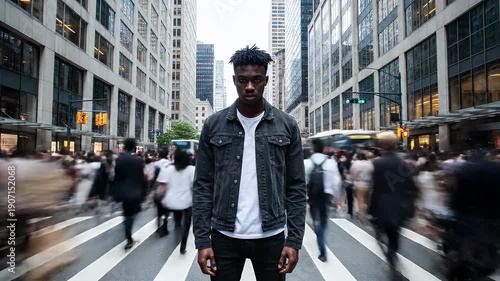 Wallpaper Mural Lonely Man in Crowded City Street - A young Black man stands still on a zebra crossing in the middle of a crowded street with a timelapse effect, conveying a sense of isolation. Torontodigital.ca