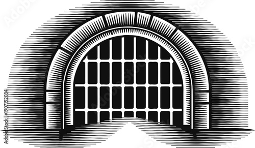 Old iron gate closed in stone archway vintage prison or dungeon entrance with heavy bars and shadows