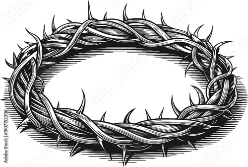 crown of thorns illustration circular thorny branch symbolizing suffering and sacrifice detailed monochrome engraving artwork