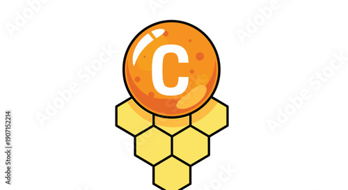 A prominent, glossy orange sphere marked with the letter C is securely positioned atop a golden hexagonal honeycomb structure.