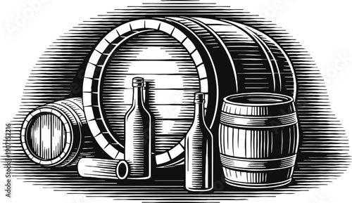 Wooden barrels and bottles vintage engraving old wine and beer casks with glass bottles and cork