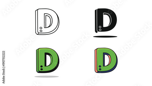 Set of 'D' letter icons in outline, silhouette, flat green, and colorful 3D styles