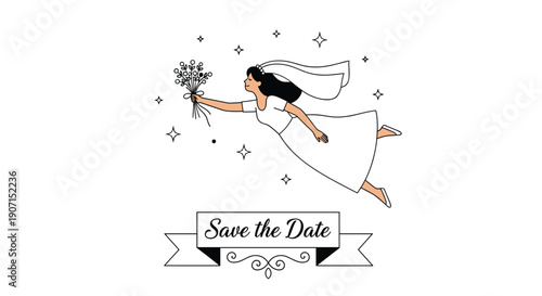 Elegant Save the Date card design with a bride in a white dress flying through the air while holding a bouquet of flowers.