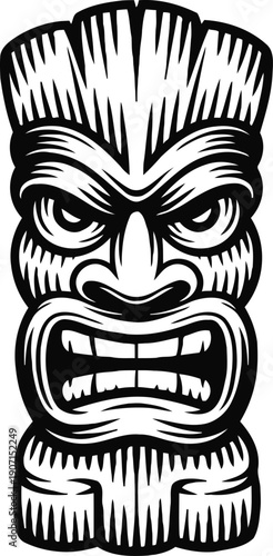 fierce tribal tiki mask illustration with bold lines and angry facial expression design