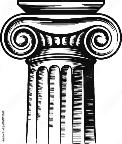 Ancient ionic column capital with detailed volutes and fluted shaft classical architectural element
