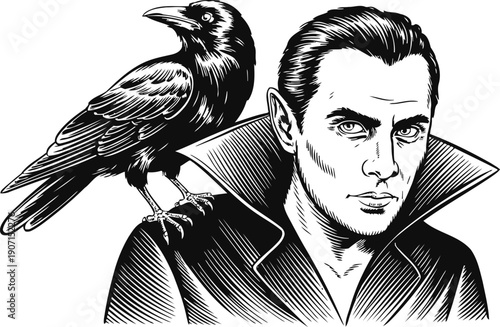 Illustration of a vampire with a high collar and a raven perched on his shoulder in black and white