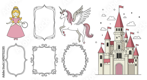 Fairy tale collection featuring a cute princess, unicorn, castle, and decorative frames in pink and white colors.
