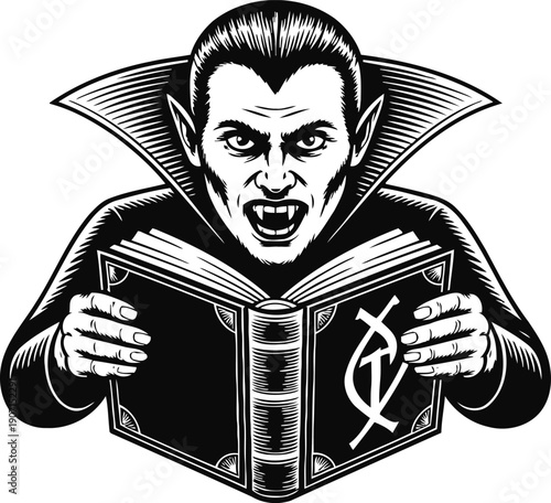 Vampire reading ancient dark spellbook with fangs and pointed ears black and white illustration