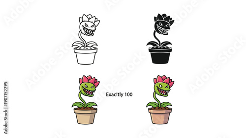 Carnivorous plant character in a pot with sharp teeth, in four styles: outline, silhouette, green with red accent, and colorful flower