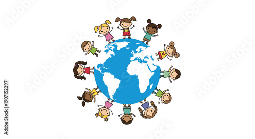 Diverse group of children holding hands and standing in a circle around the earth globe on a plain white background.