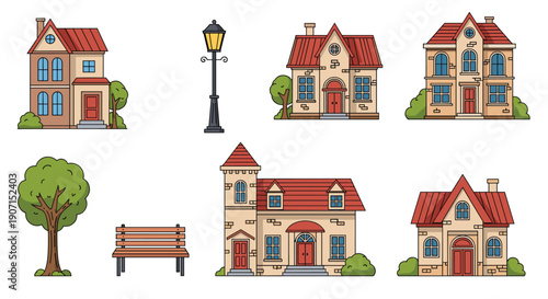Set of diverse vector houses alongside outdoor street elements such as a vintage lamp post, a wooden park bench, and a leafy green tree.