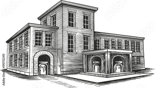 Vintage building illustration with detailed architectural elements and classic windows