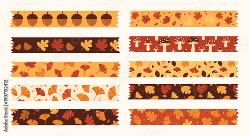 Autumn themed washi tape strips decorated with colorful fallen leaves, brown acorns, and forest mushrooms perfect for scrapbooking and crafts.