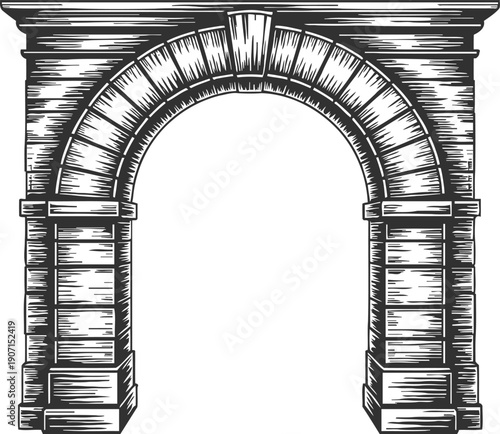 Vintage stone archway illustration with detailed carved blocks and keystone design