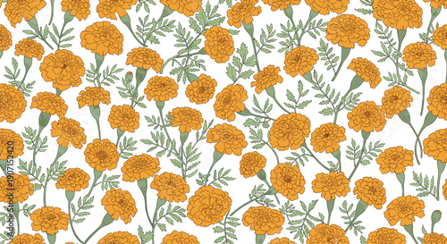 Seamless floral pattern featuring dense clusters of bright orange marigold flowers and green leaves on a white background.