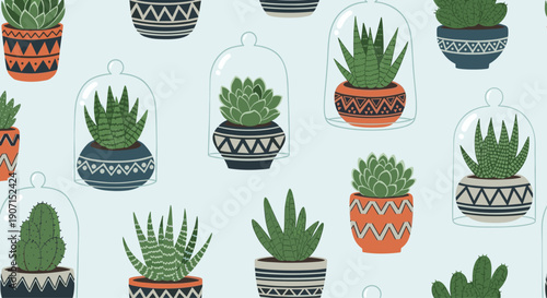 Beautiful seamless pattern featuring various green succulents and cacti planted in decorative patterned pots with some kept under glass domes.