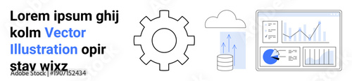 Gear alongside cloud, database, and dashboard charts represents data processing, analytics, and technology. Ideal for big data, cloud computing, automation, data integration IT solutions data