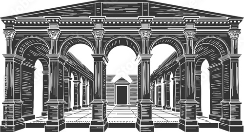 Ancient roman architectural courtyard with arches and columns in classical illustration