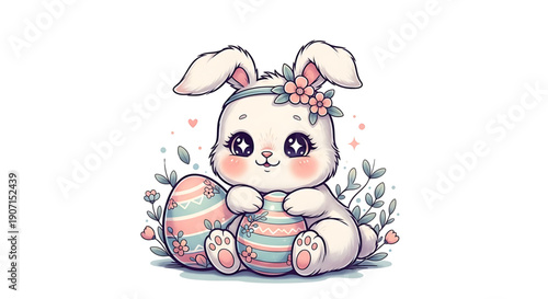 Cute cartoon bunny with easter egg and flowers for spring holiday decoration ideas easter