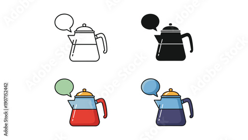 Coffee Pot with Steam and Speech Bubble, Four Styles for Hot Drinks