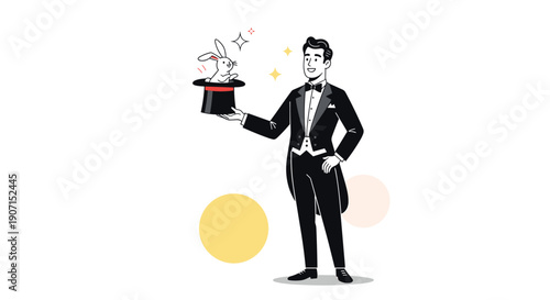 Professional magician in a classic black tuxedo performing a magic trick by pulling a white rabbit out of his black top hat on a white background.