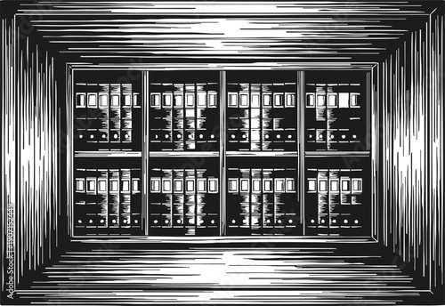 Vintage wooden cabinet with glass doors filled with binders and files illustration