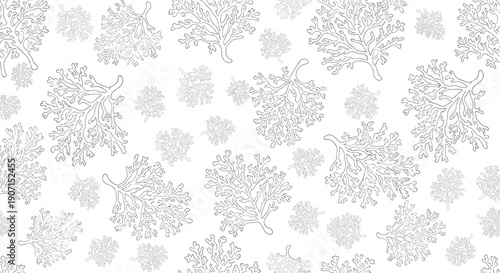 Minimalist seamless pattern displaying delicate black and white sketches of coral branches and underwater sea plants on a clean white background.
