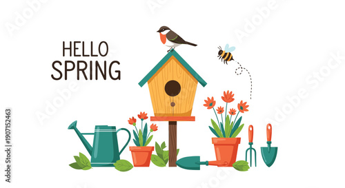Vibrant spring illustration featuring a wooden birdhouse, a colorful bird, a buzzing bee, garden tools, and blooming flowers with hello spring text.