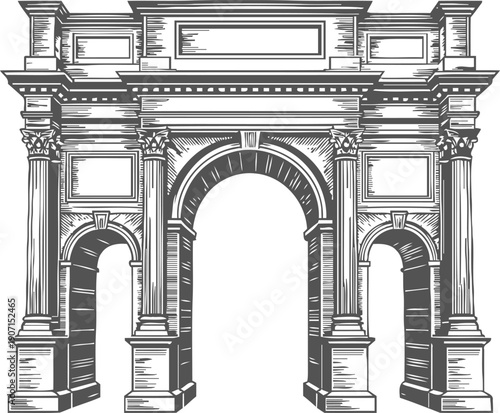 Classical architectural triumphal arch with three arches and ornate columns detailed engraving