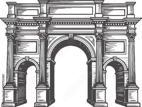 Classical roman triumphal arch illustration with detailed columns and ornate architectural design