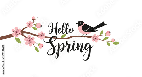 Hello spring horizontal banner design featuring a cute pink and black bird perched on a blossoming tree branch with green leaves and flowers.